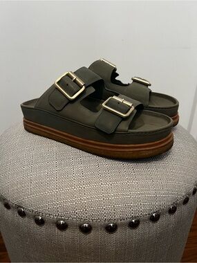 Women’s Gold Buckle Platform Anthropologie Sandals Olive Green 39